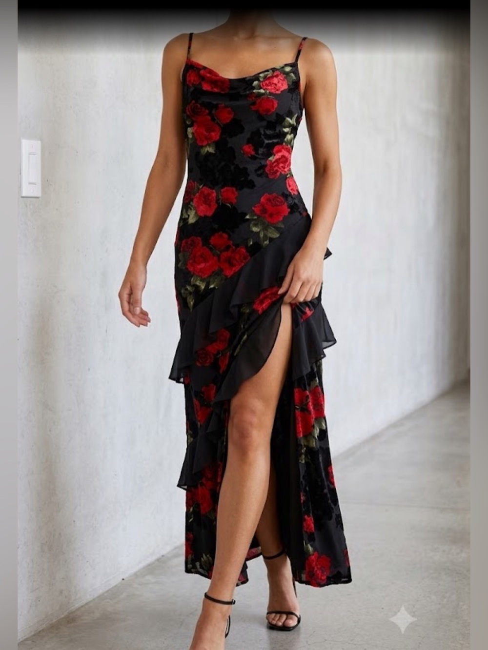 BCX Black Maxi Slip Dress with Red Rose Print